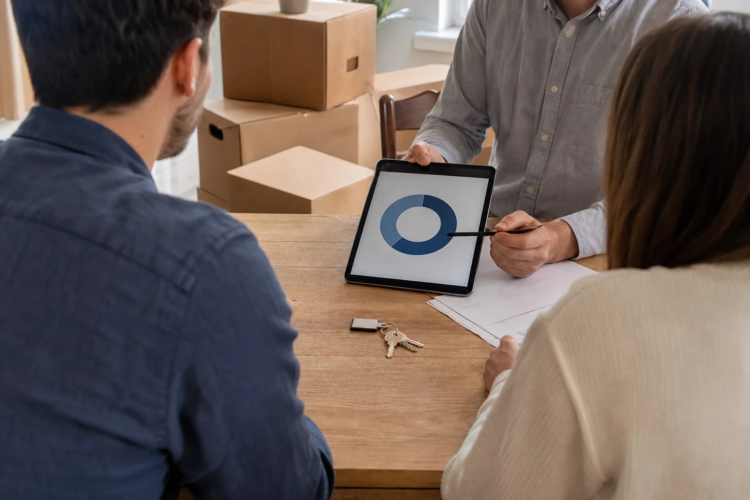 Couple seen from behind at a wooden dining table as an agent points to a donut chart on a tablet, house keys on the table and moving boxes stacked behind