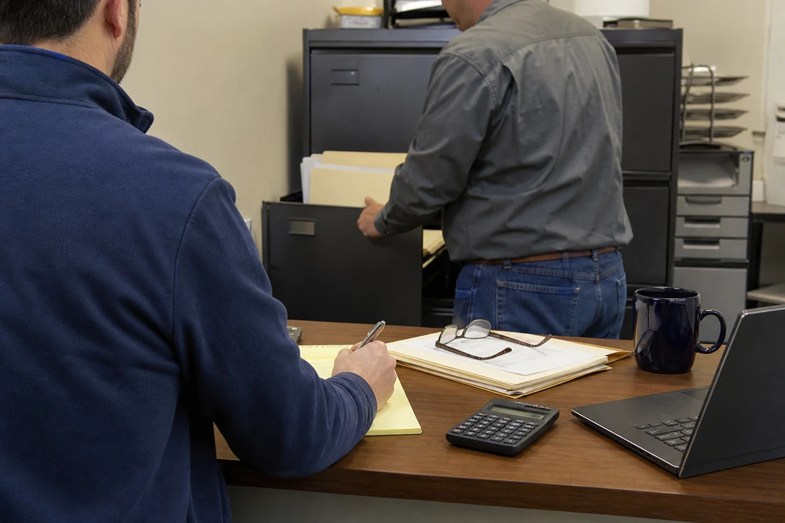 Man in a navy pullover takes notes on a yellow legal pad at an office desk with a calculator and file folder while another man pulls files from a black filing cabinet