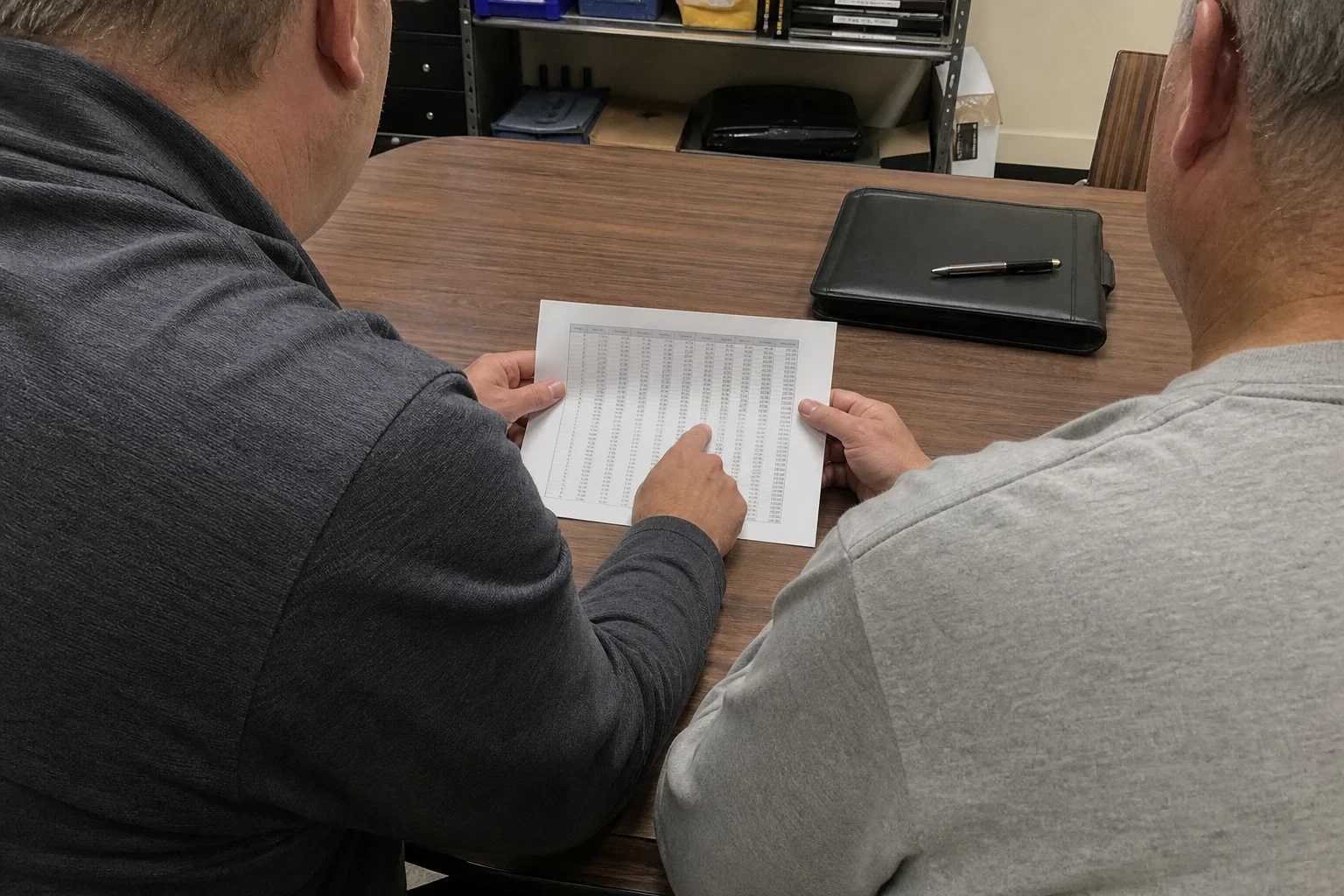Over-the-shoulder view of two men at a wood-grain table reviewing a printed table of figures, with a black padfolio and pen beside them and metal shelving behind