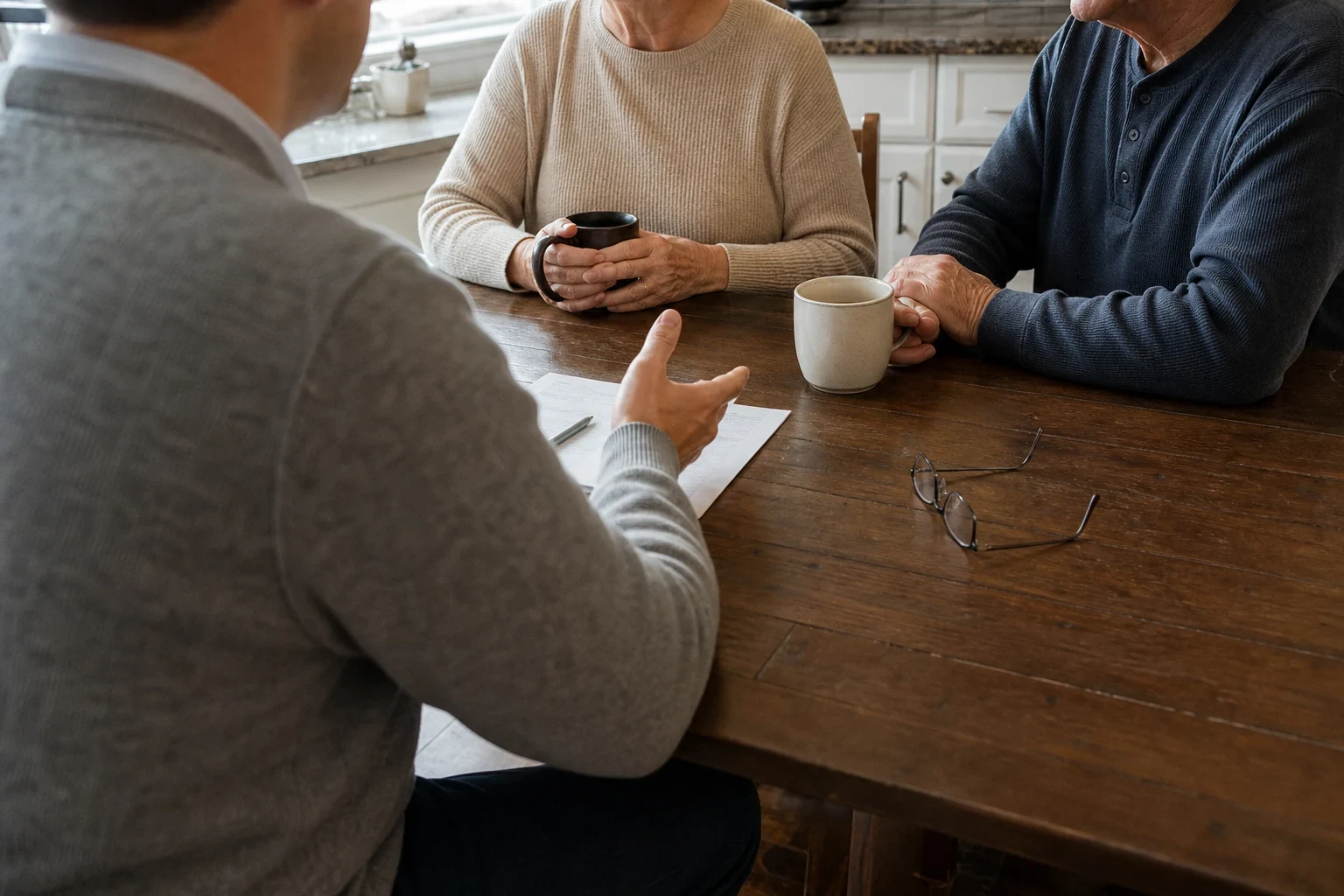 Agent in a gray sweater talking with an older couple at a wooden kitchen table with coffee mugs, reading glasses and a paper, white cabinets behind