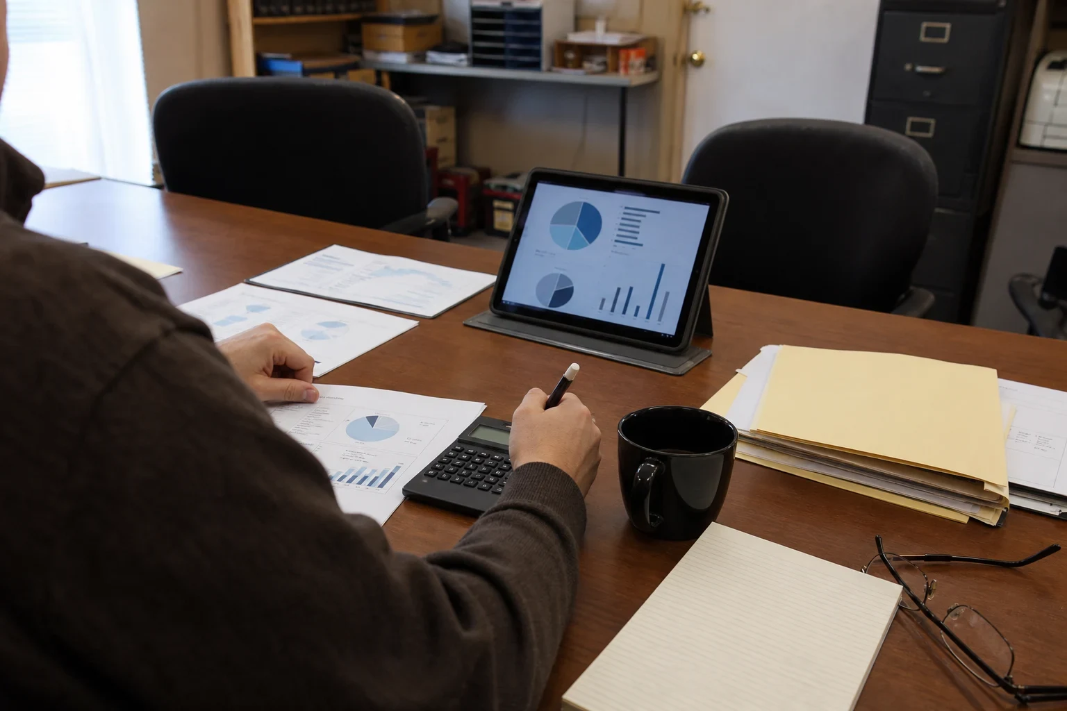 Over-the-shoulder view of a person reviewing chart printouts with a pen and calculator at a wooden table, tablet showing graphs, folders and a filing cabinet nearby
