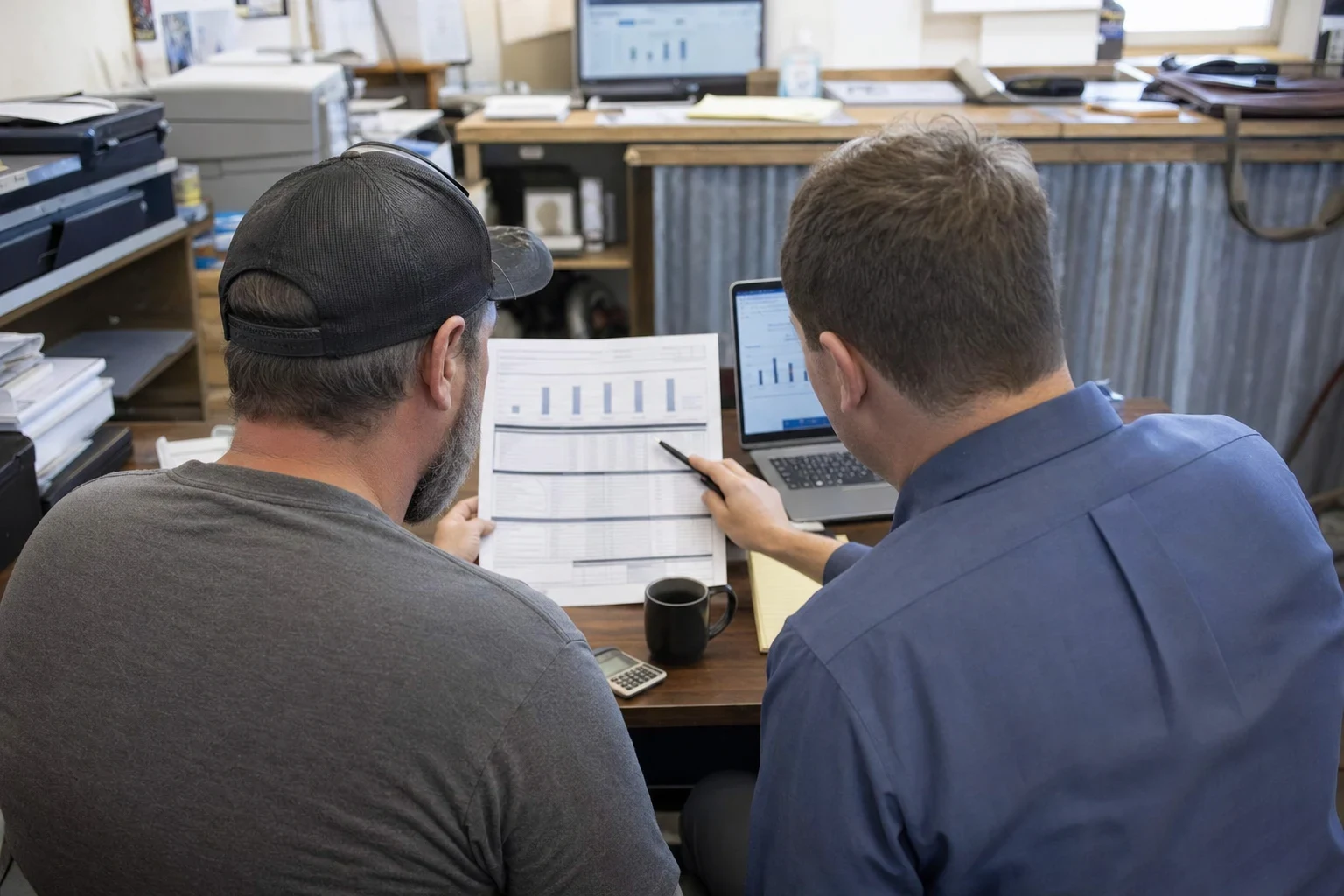 Two men seen from behind at a cluttered back-office desk, one pointing a pen at a printed chart while the other holds it, with a laptop, coffee mug and calculator nearby